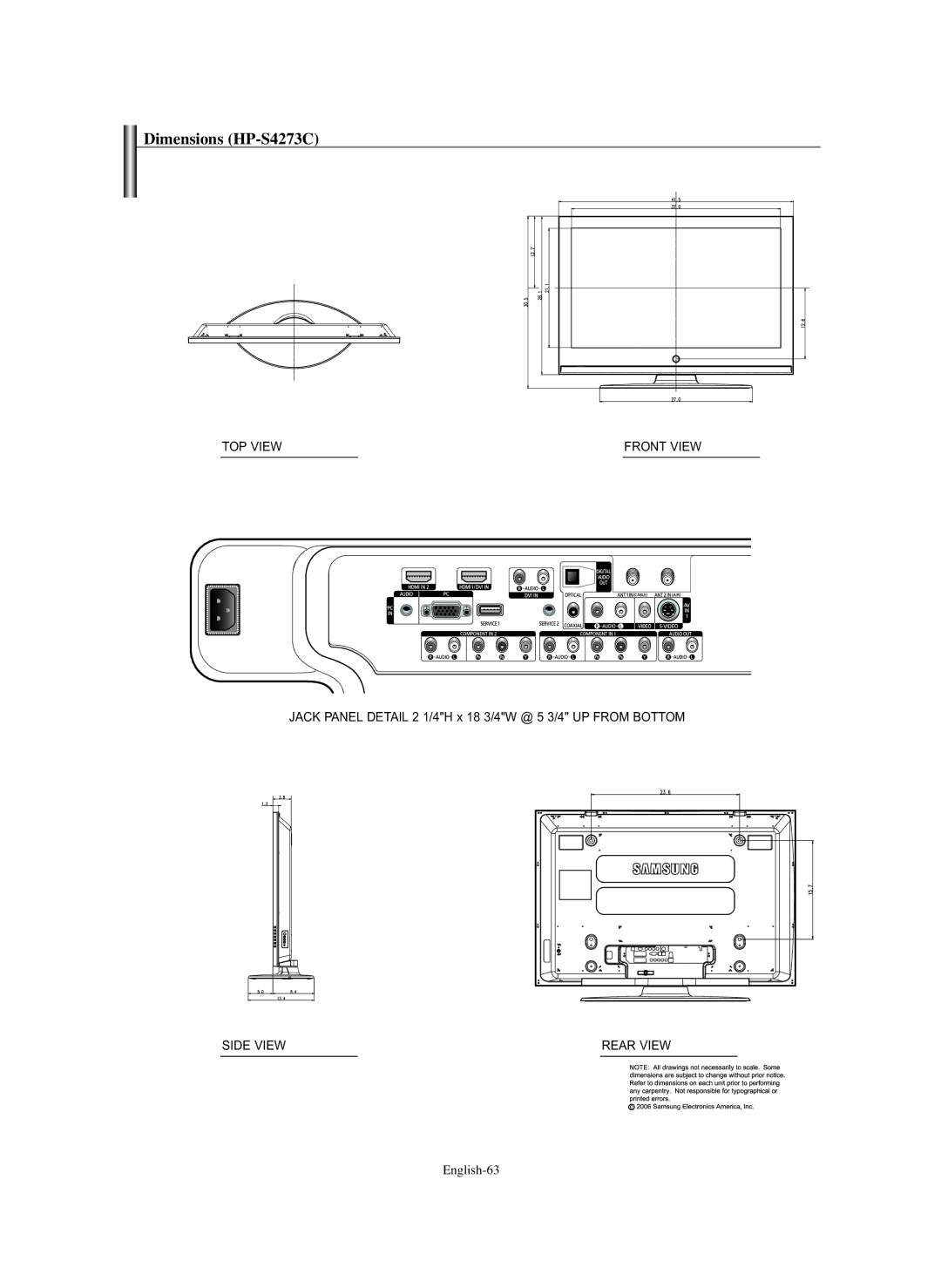 Samsung HP-S5073C manual Dimensions HP-S4273C, Jack Panel Detail 2 1/4H x 18 3/4W @ 5 3/4 UP from Bottom, English-63 