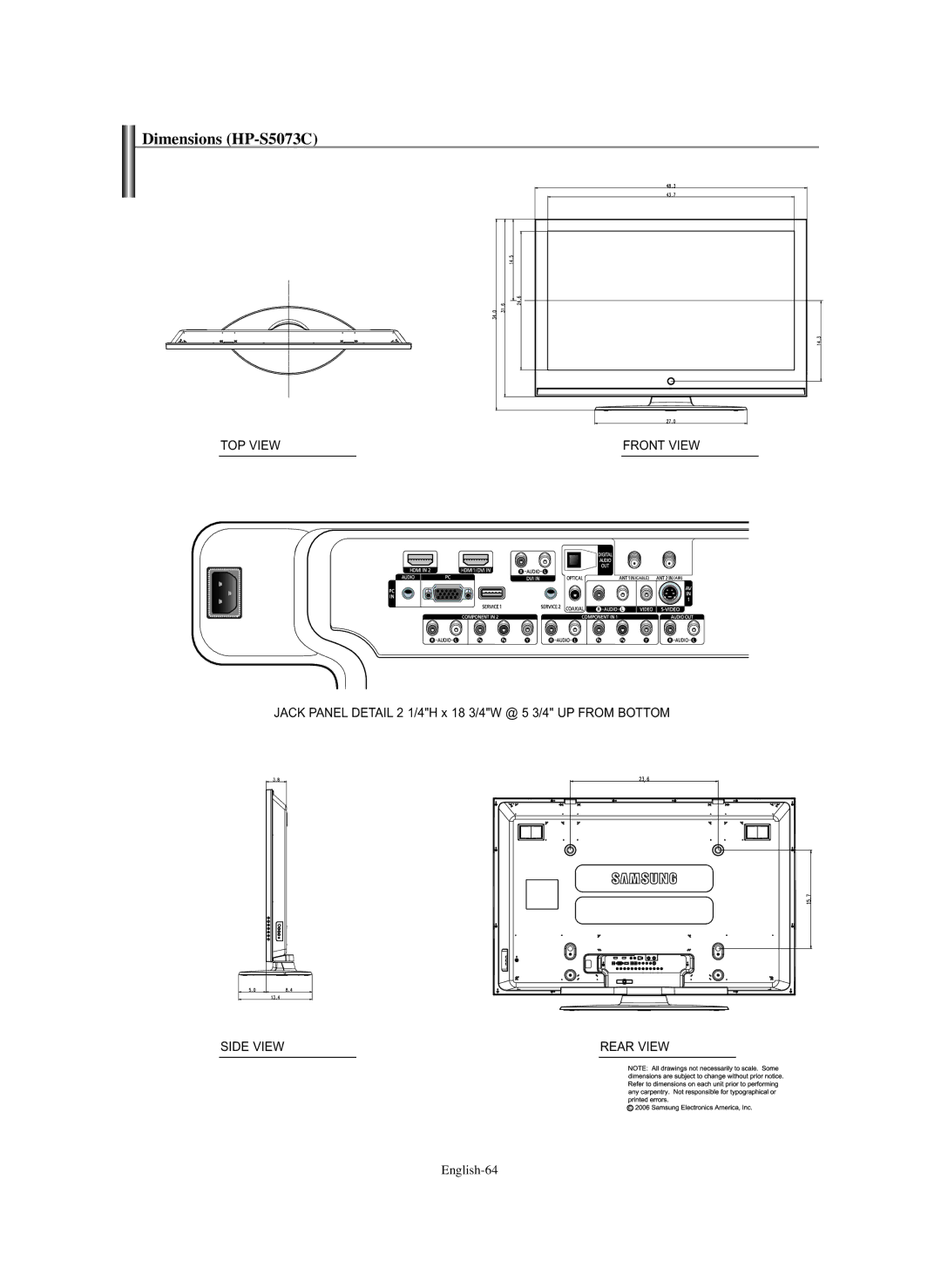 Samsung HP-S4273C manual Dimensions HP-S5073C, English-64 