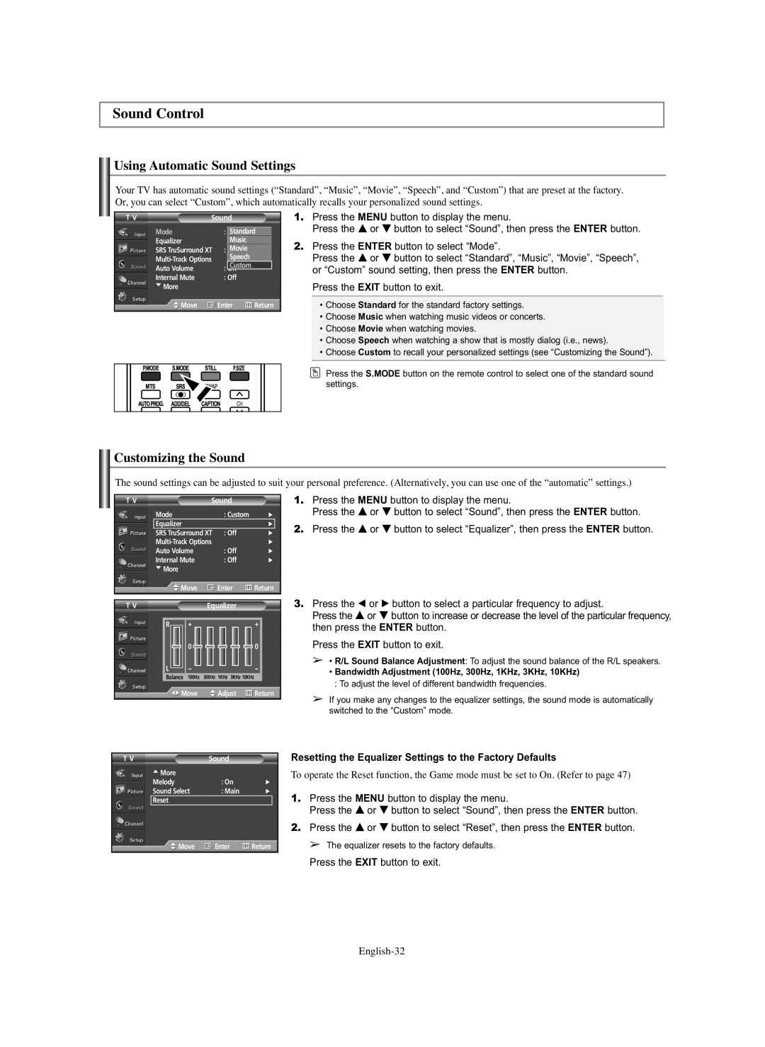 Samsung HP-S6373 manual Sound Control, Using Automatic Sound Settings, Customizing the Sound, English-32 