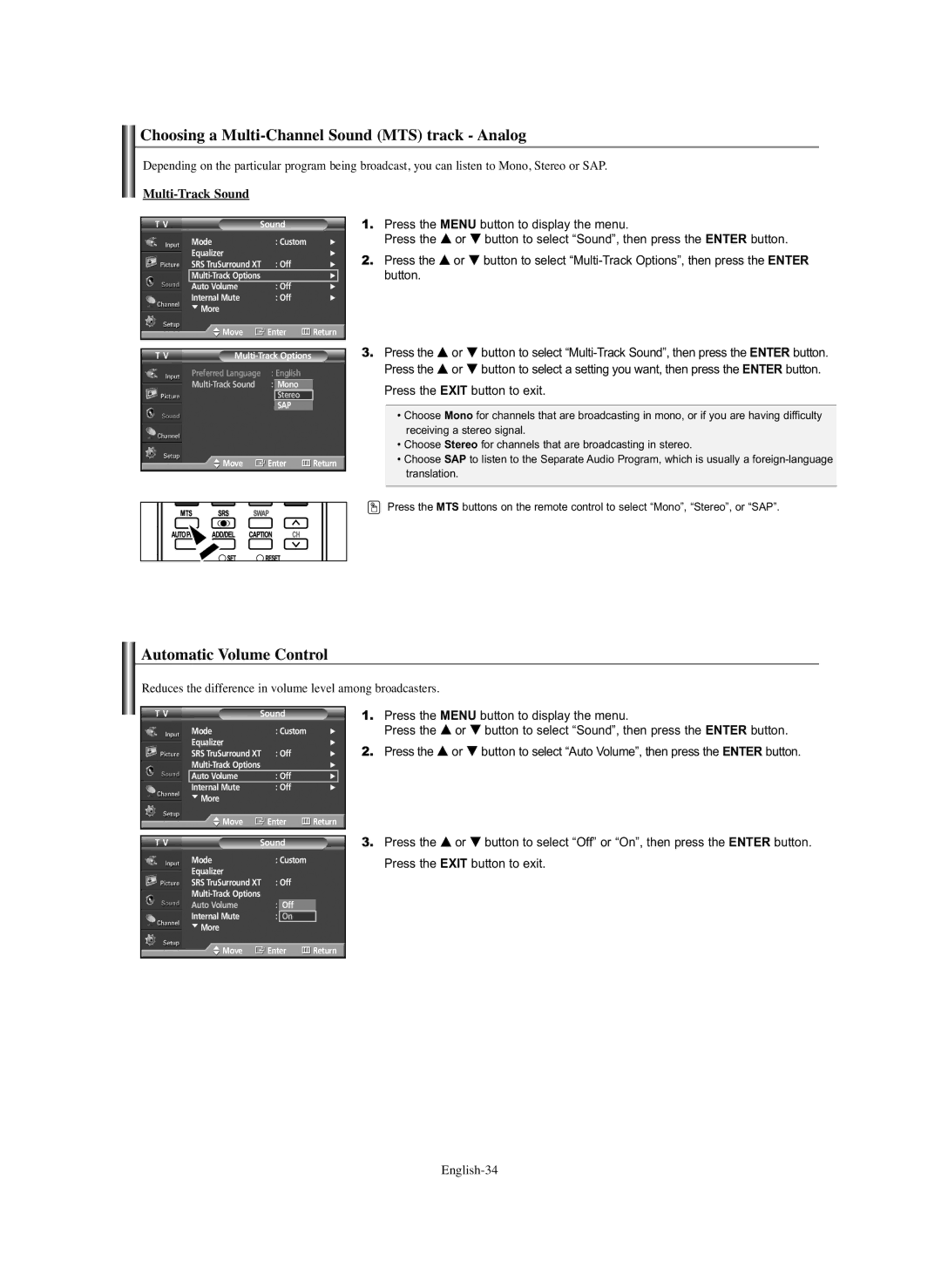 Samsung HP-S6373 Choosing a Multi-Channel Sound MTS track Analog, Automatic Volume Control, Multi-Track Sound, English-34 