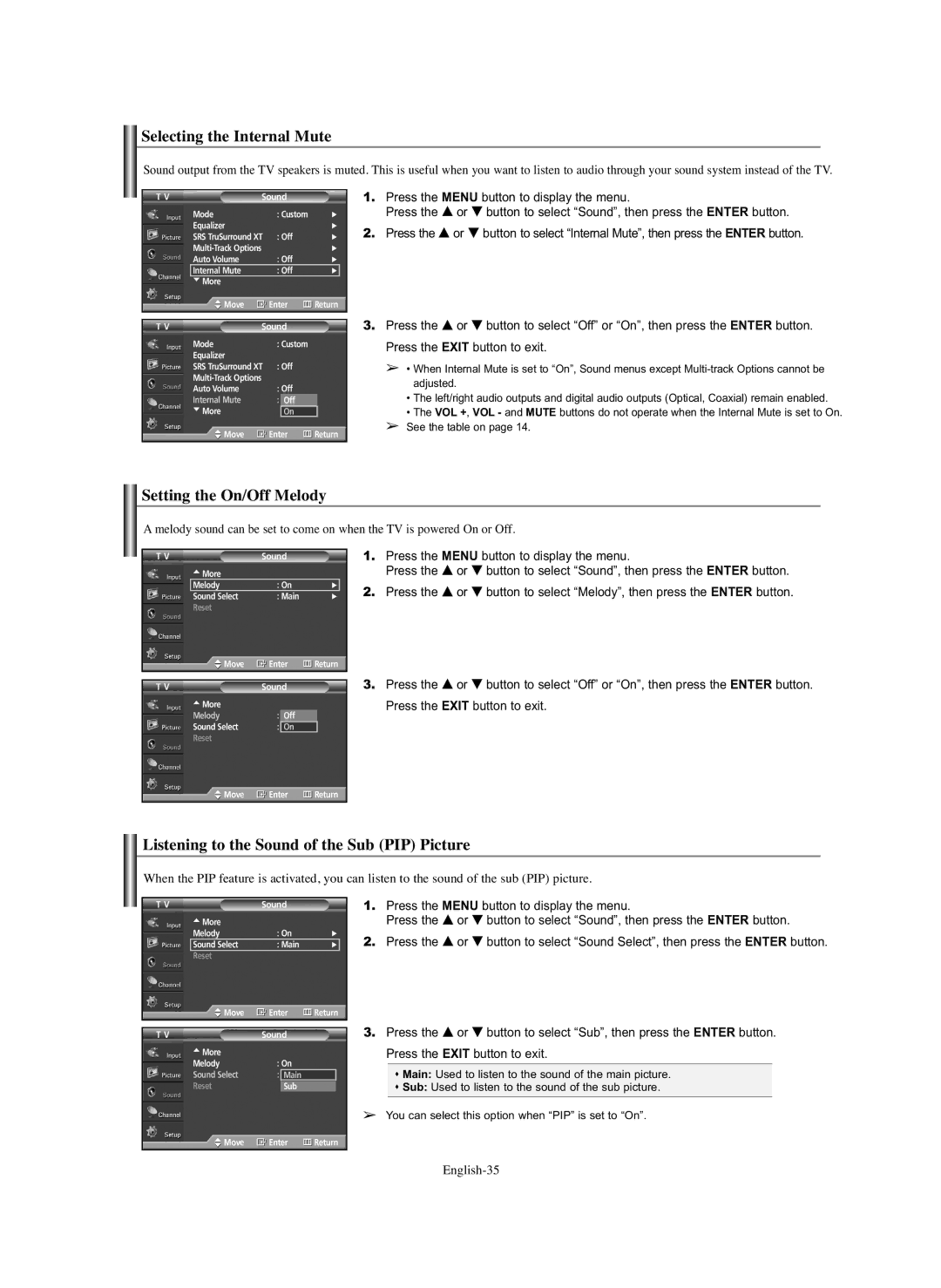 Samsung HP-S6373 Selecting the Internal Mute, Setting the On/Off Melody, Listening to the Sound of the Sub PIP Picture 