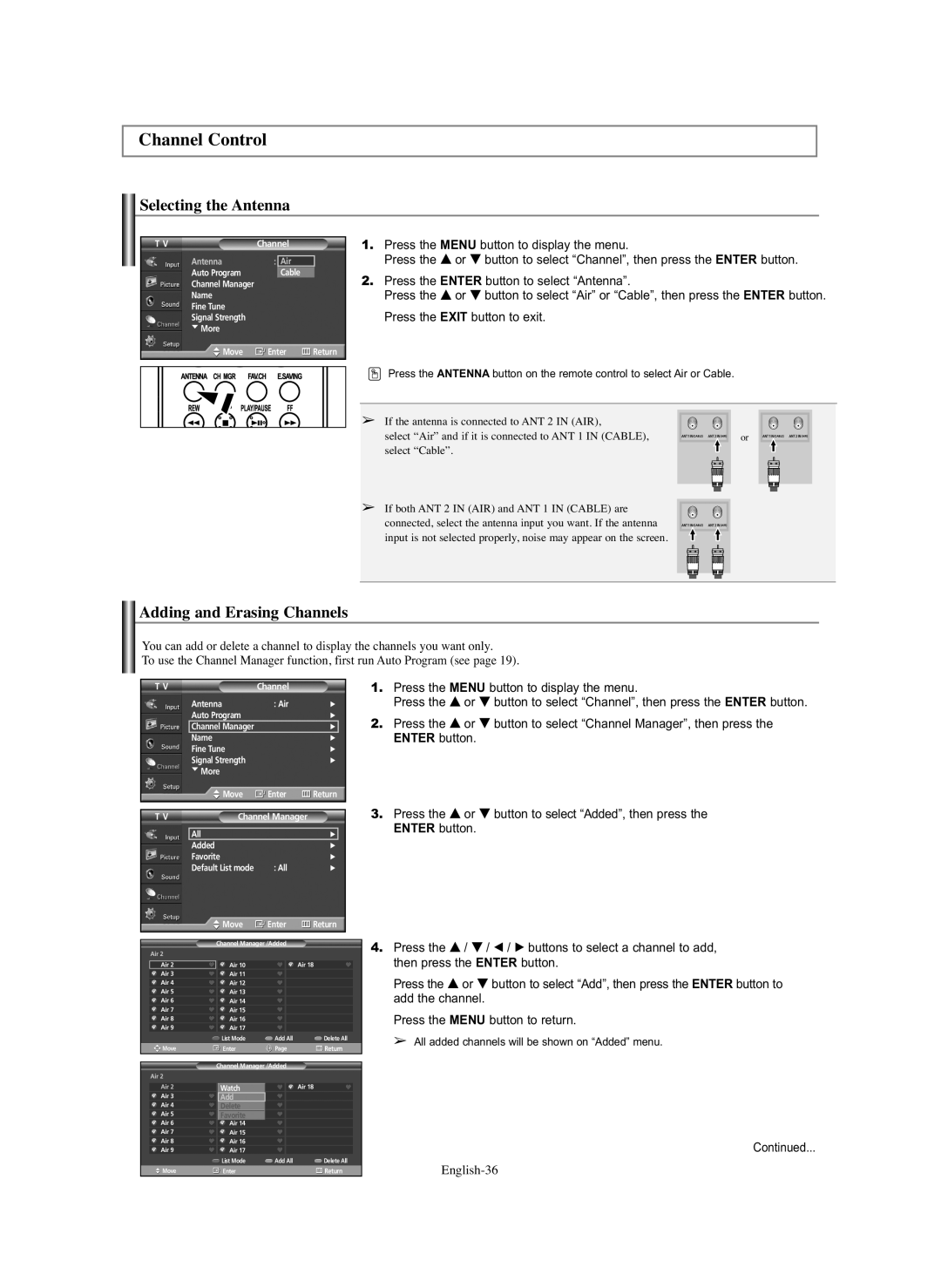 Samsung HP-S6373 manual Channel Control, Selecting the Antenna, Adding and Erasing Channels, English-36 