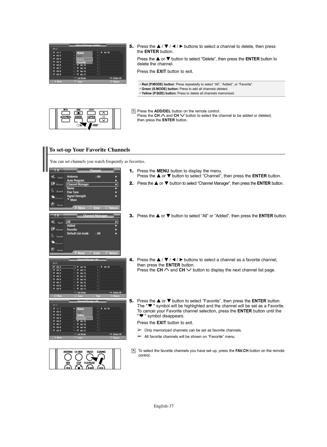 Samsung HP-S6373 To set-up Your Favorite Channels, You can set channels you watch frequently as favorites, English-37 