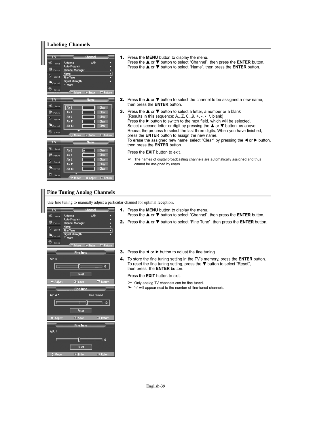 Samsung HP-S6373 manual Labeling Channels, Fine Tuning Analog Channels 