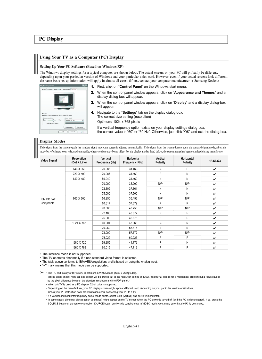 Samsung HP-S6373 Using Your TV as a Computer PC Display, Setting Up Your PC Software Based on Windows XP, English-41 