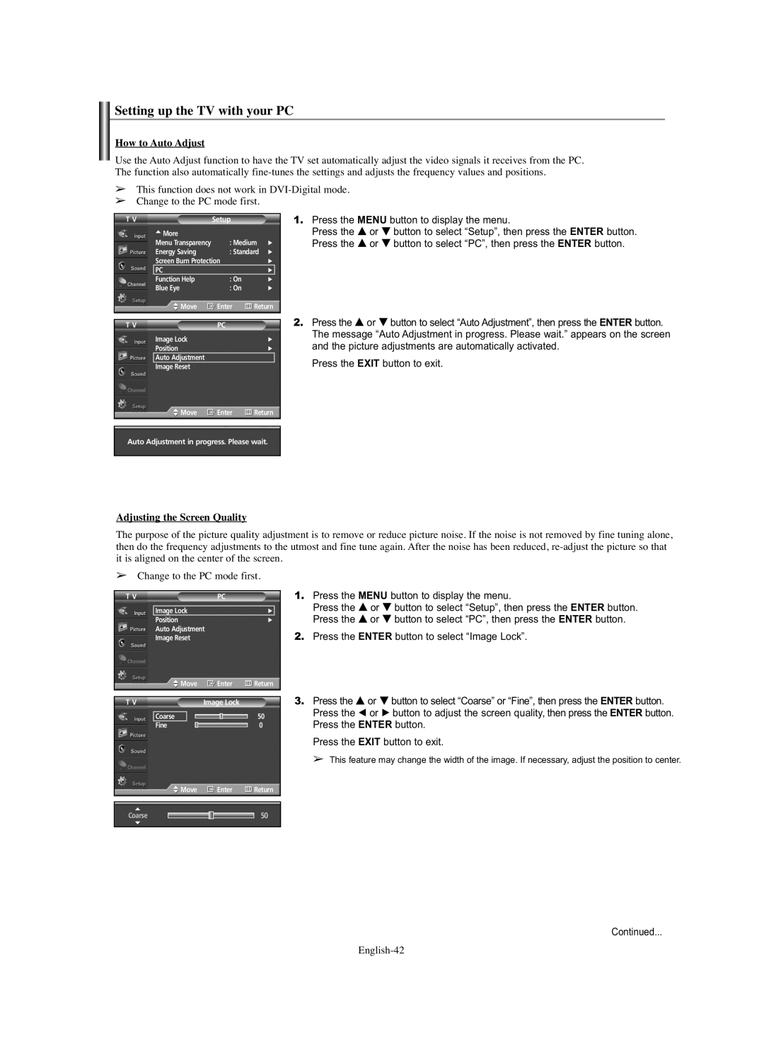 Samsung HP-S6373 manual Setting up the TV with your PC, How to Auto Adjust, Adjusting the Screen Quality, English-42 