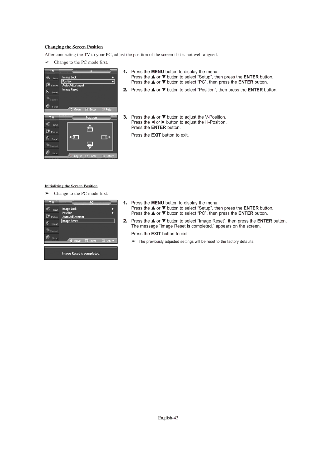 Samsung HP-S6373 manual Changing the Screen Position, English-43 