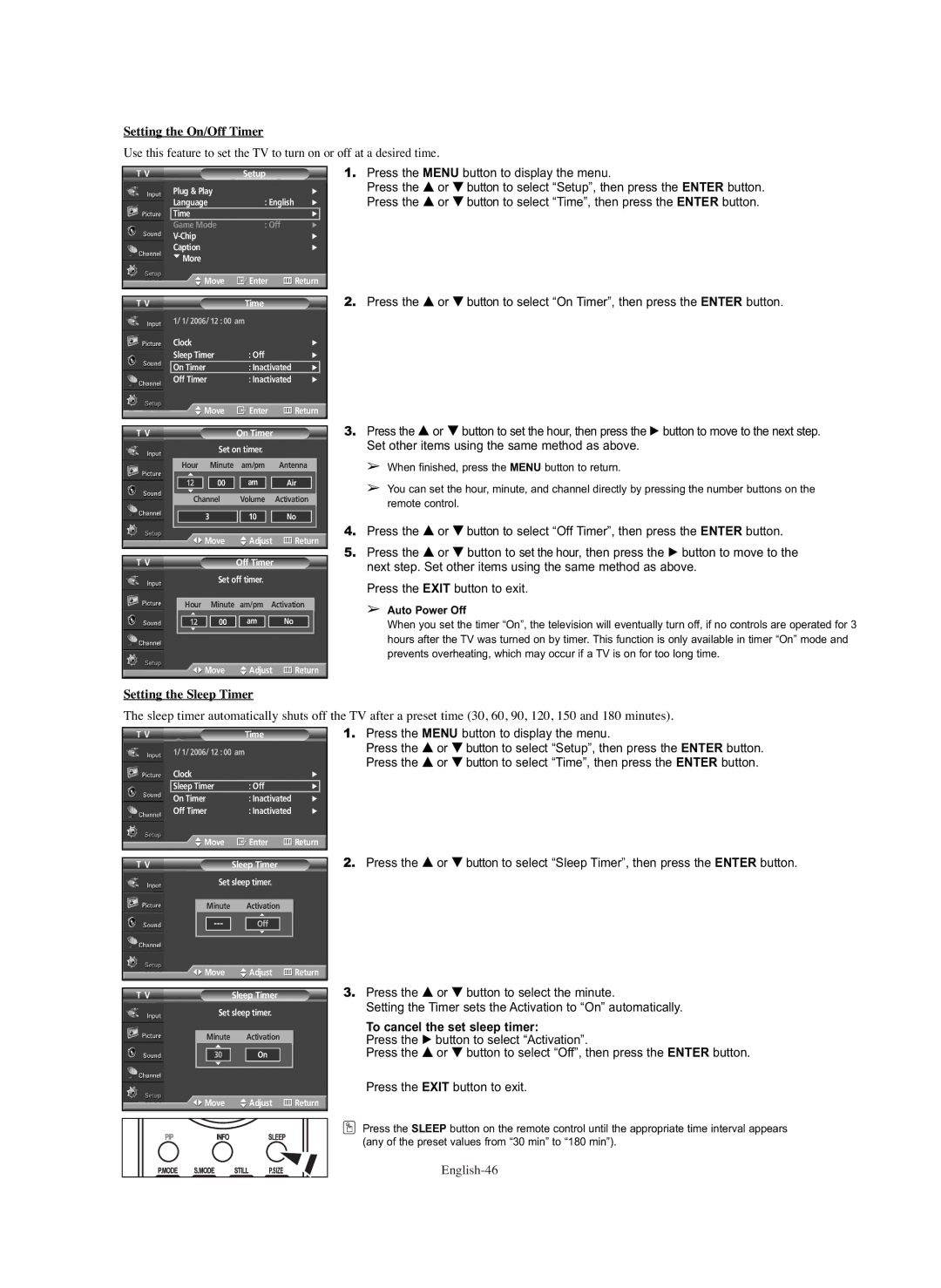 Samsung HP-S6373 manual Setting the On/Off Timer, Setting the Sleep Timer, To cancel the set sleep timer, English-46 