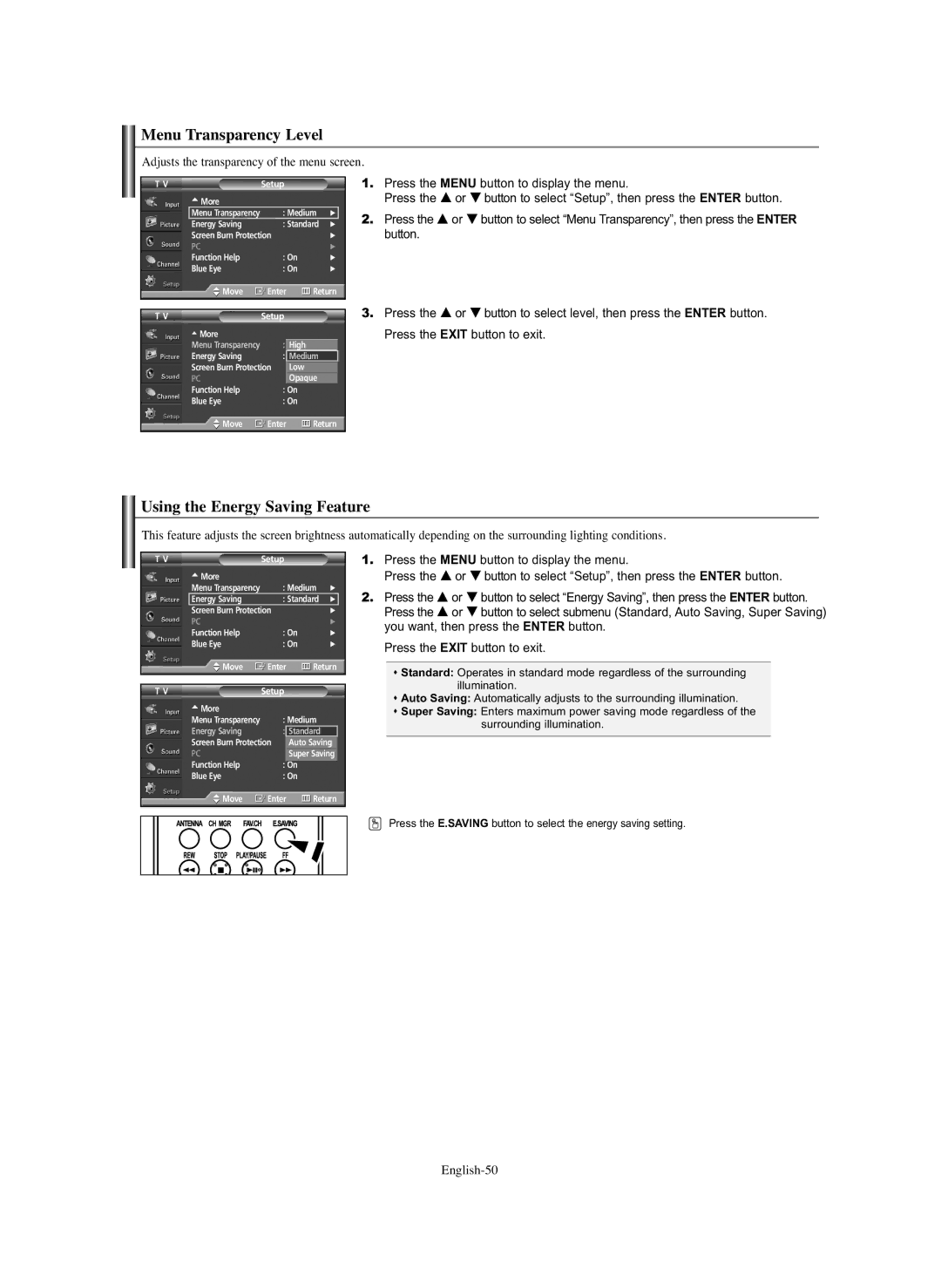 Samsung HP-S6373 Menu Transparency Level, Using the Energy Saving Feature, Adjusts the transparency of the menu screen 