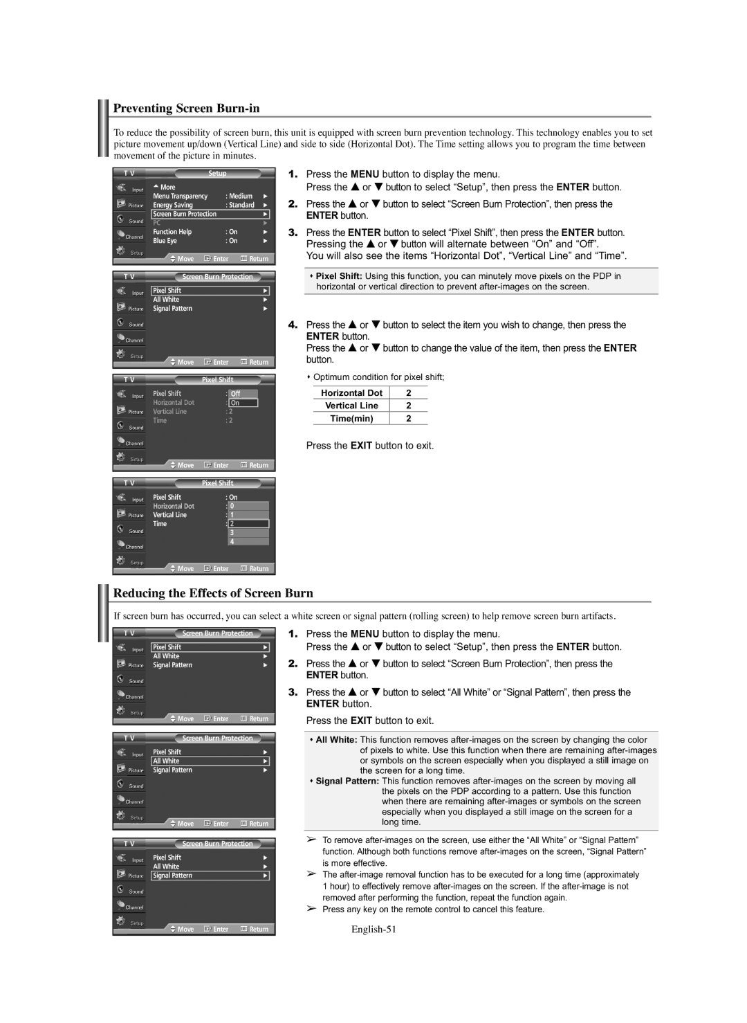 Samsung HP-S6373 manual Preventing Screen Burn-in, Reducing the Effects of Screen Burn, English-51, Timemin 