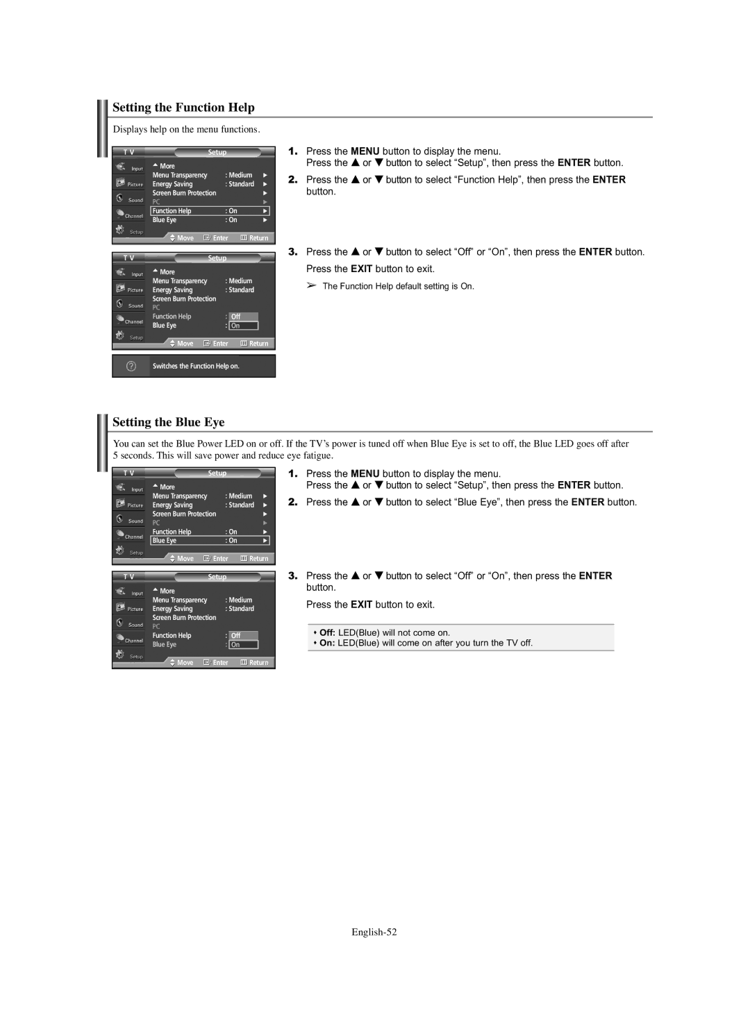 Samsung HP-S6373 manual Setting the Function Help, Setting the Blue Eye, Displays help on the menu functions, English-52 