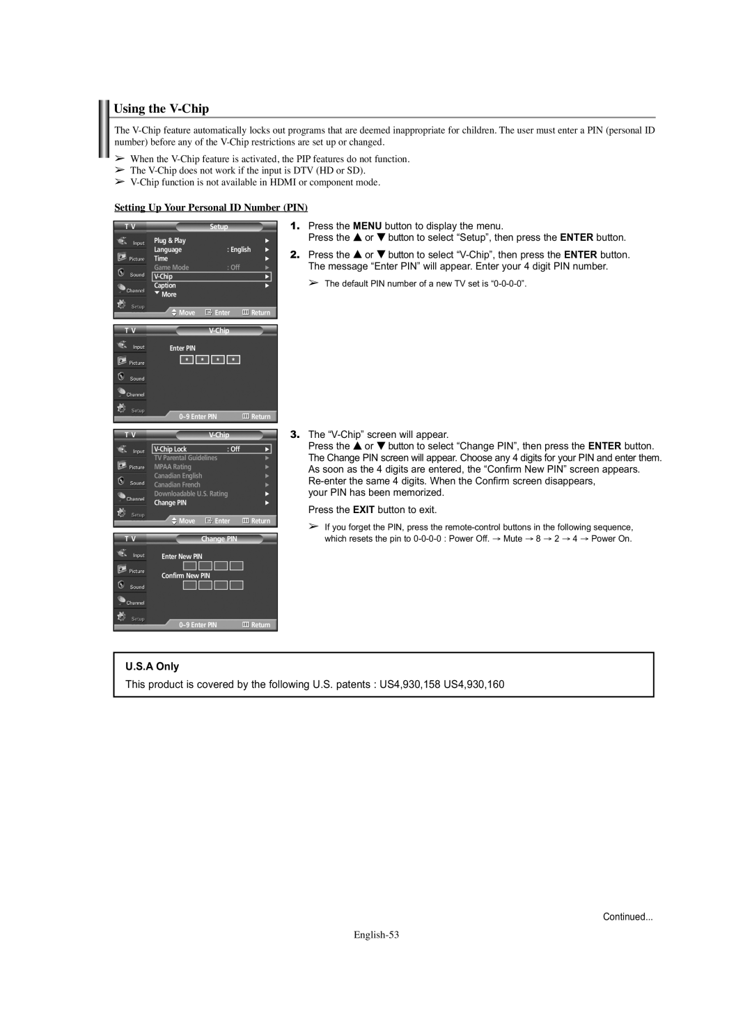 Samsung HP-S6373 manual Using the V-Chip, Setting Up Your Personal ID Number PIN, V-Chip screen will appear, A Only 