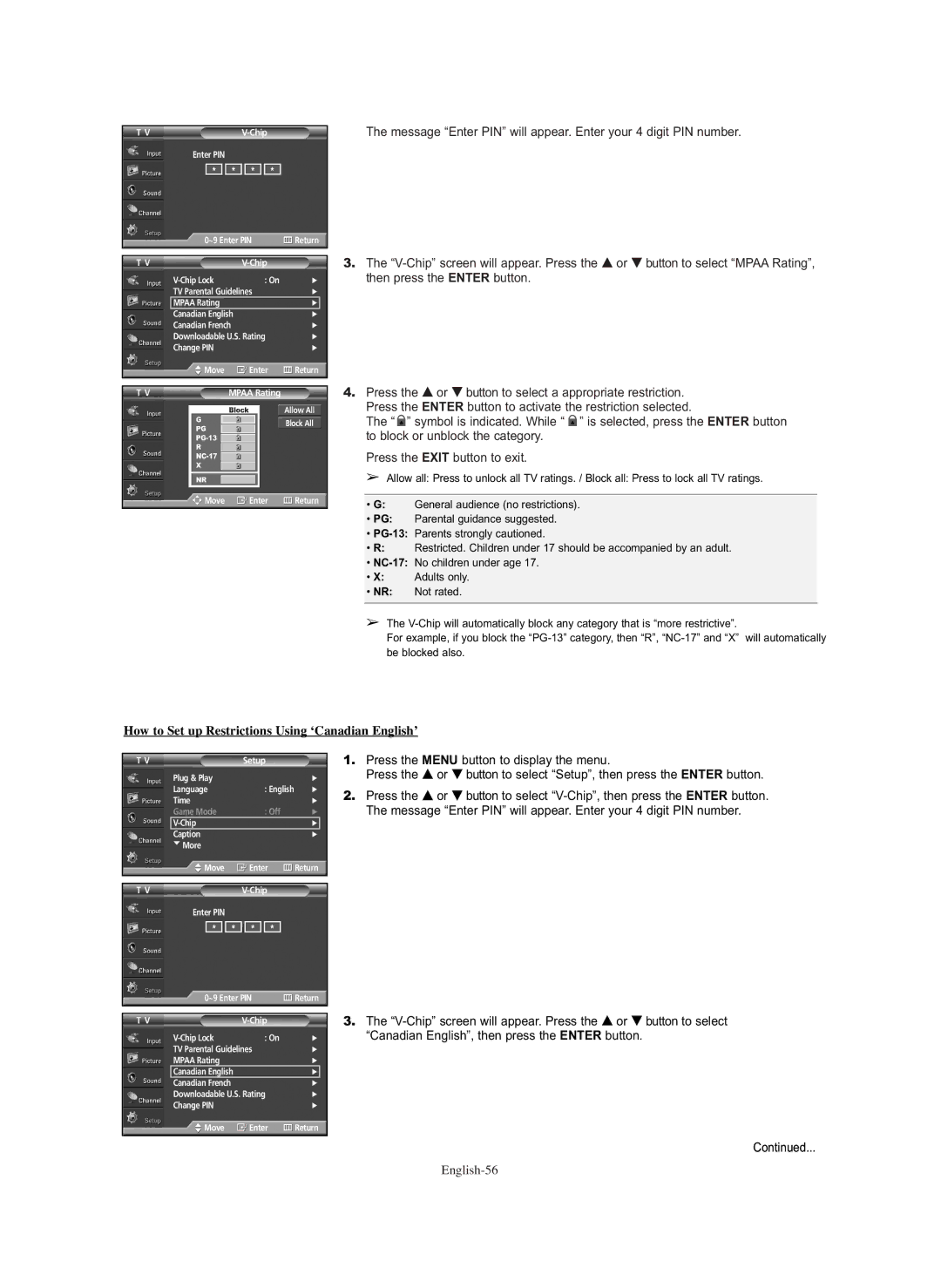 Samsung HP-S6373 manual How to Set up Restrictions Using ‘Canadian English’, English-56 