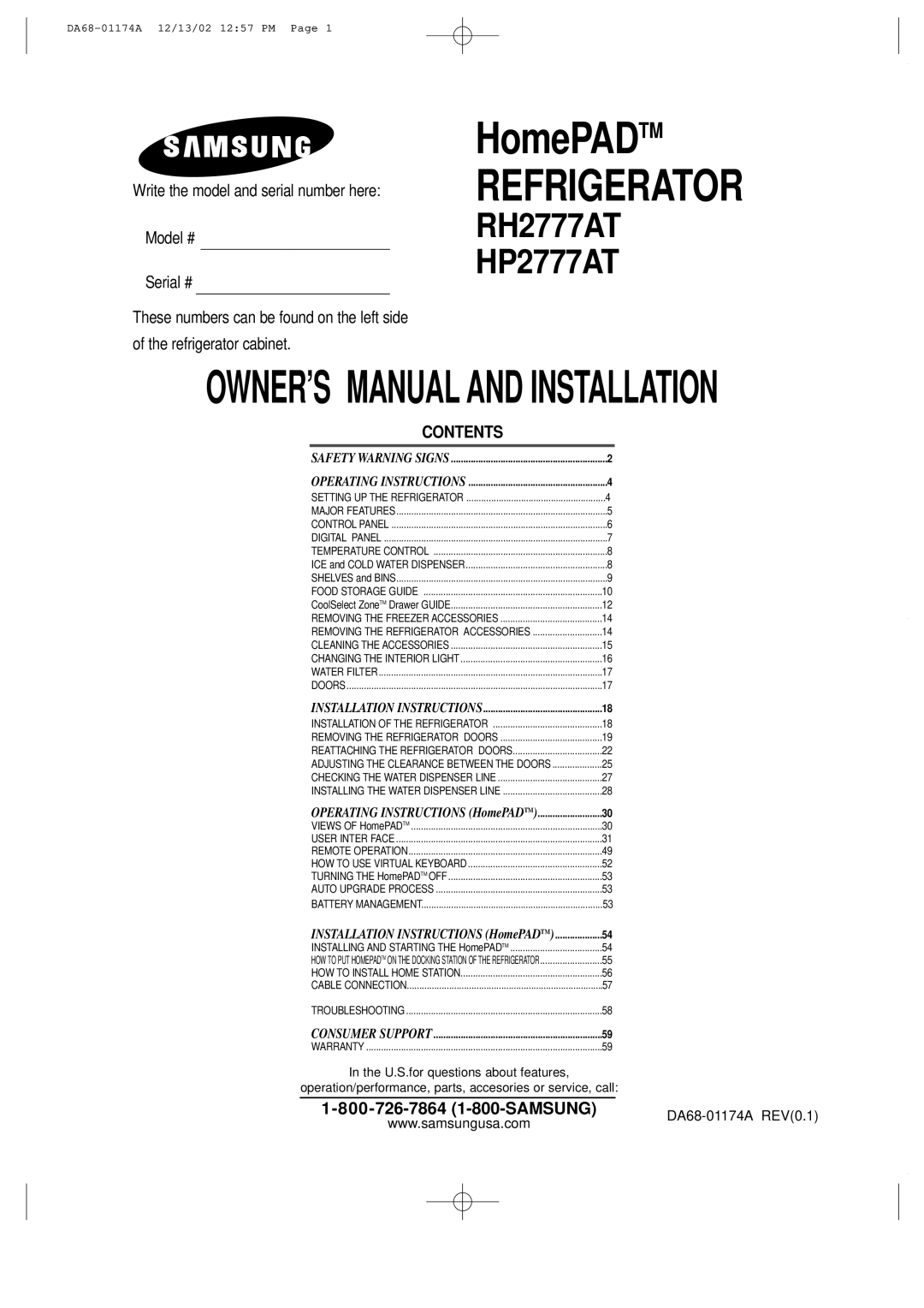 Samsung installation instructions HomePADTM Refrigerator RH2777AT HP2777AT 