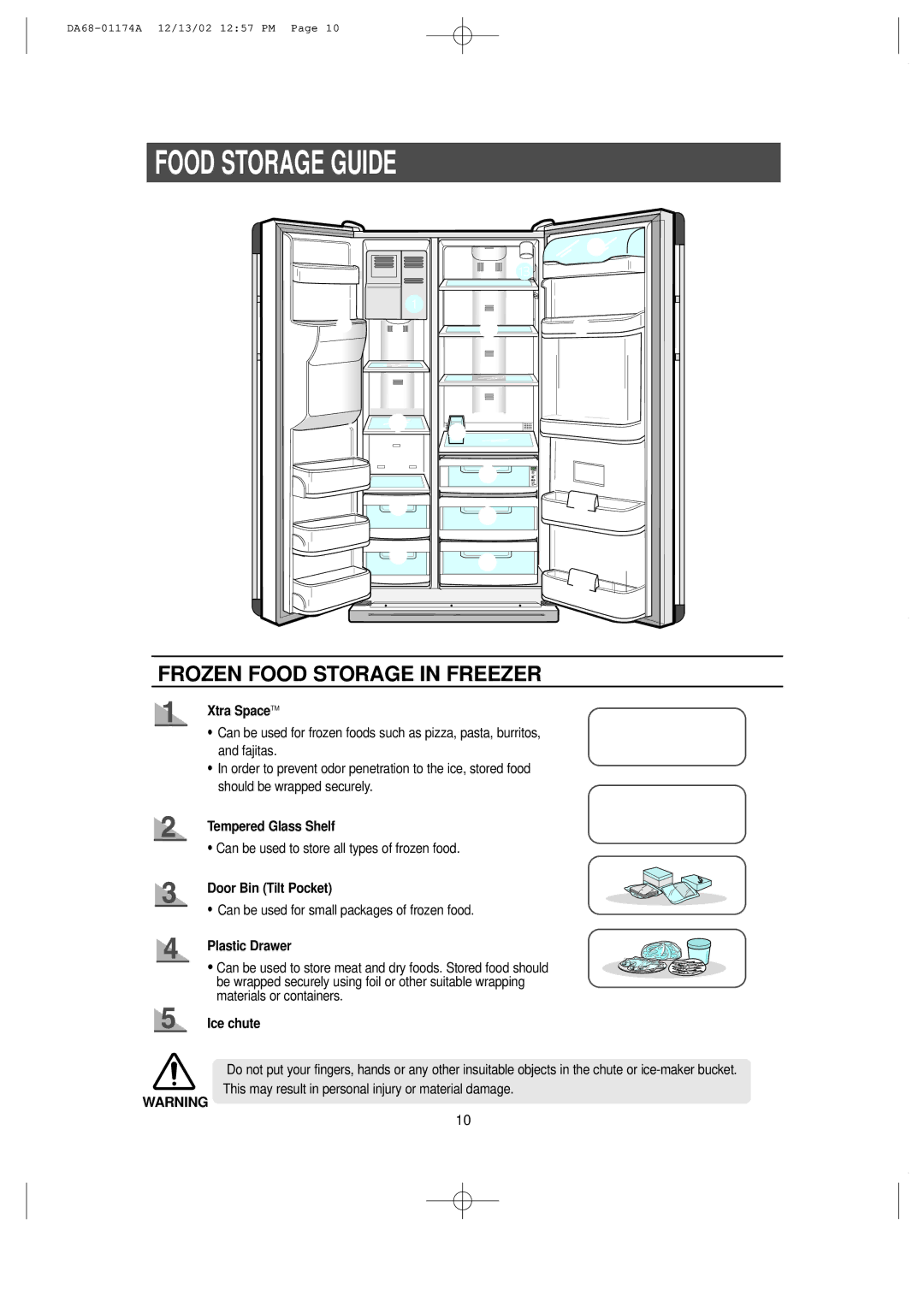 Samsung HP2777AT, RH2777AT installation instructions Food Storage Guide, Frozen Food Storage in Freezer 