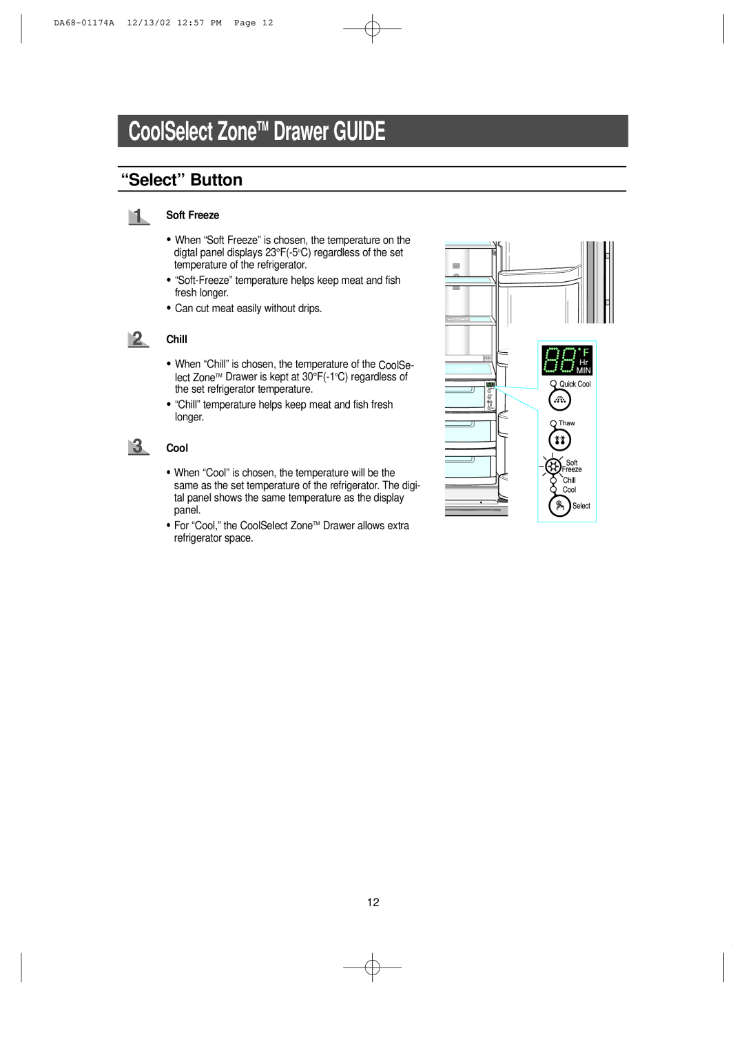 Samsung HP2777AT, RH2777AT Select Button, Soft Freeze, Chill temperature helps keep meat and fish fresh longer, Cool 