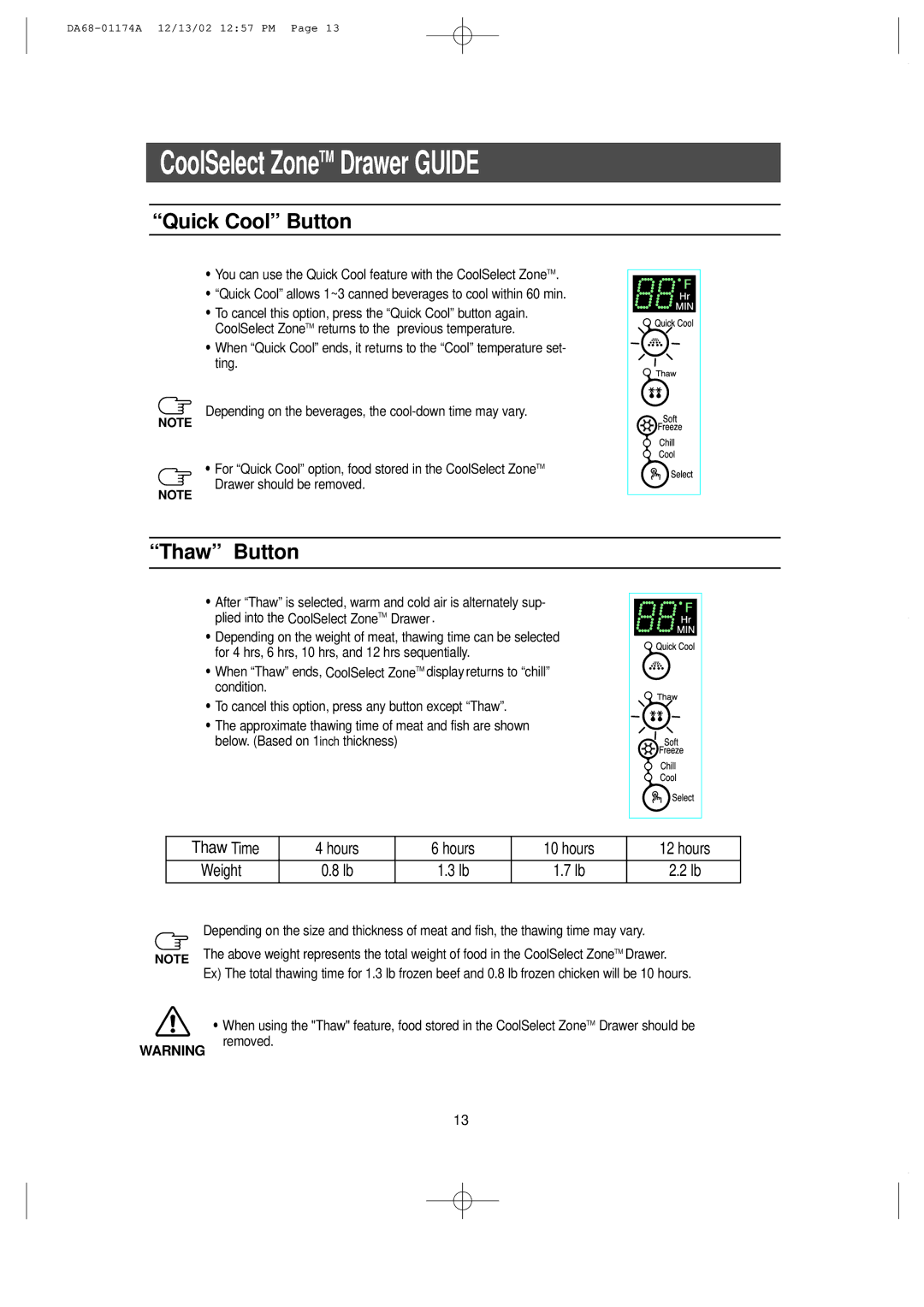 Samsung RH2777AT, HP2777AT installation instructions Quick Cool Button, Thaw Button 