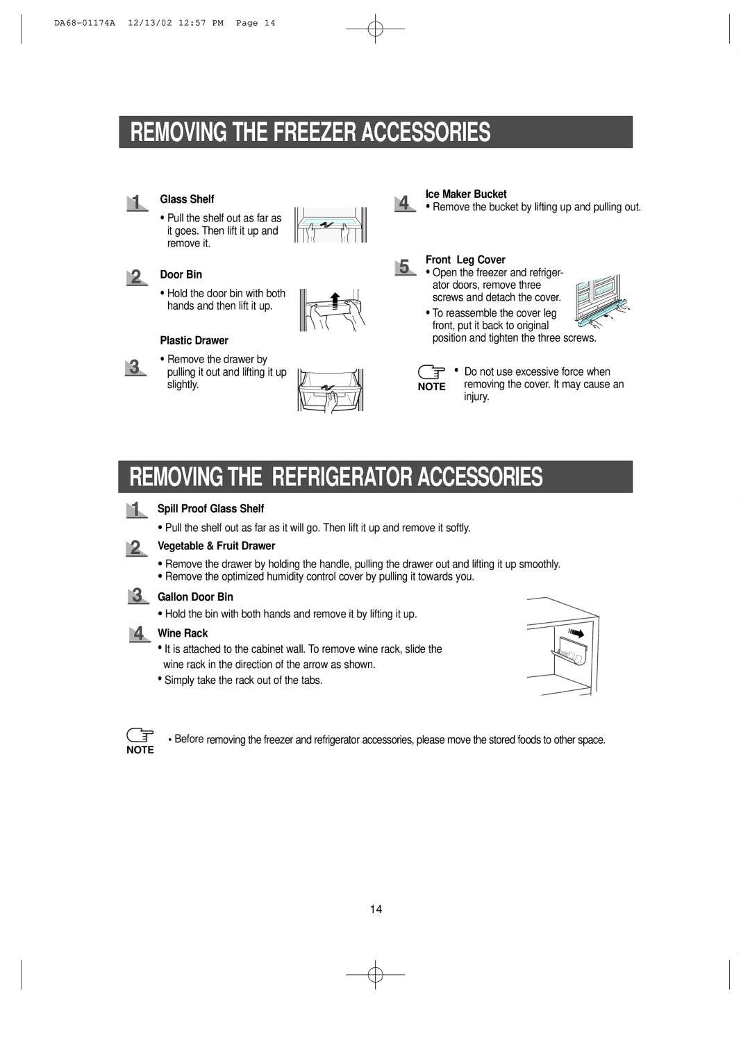 Samsung HP2777AT, RH2777AT installation instructions Removing the Freezer Accessories 