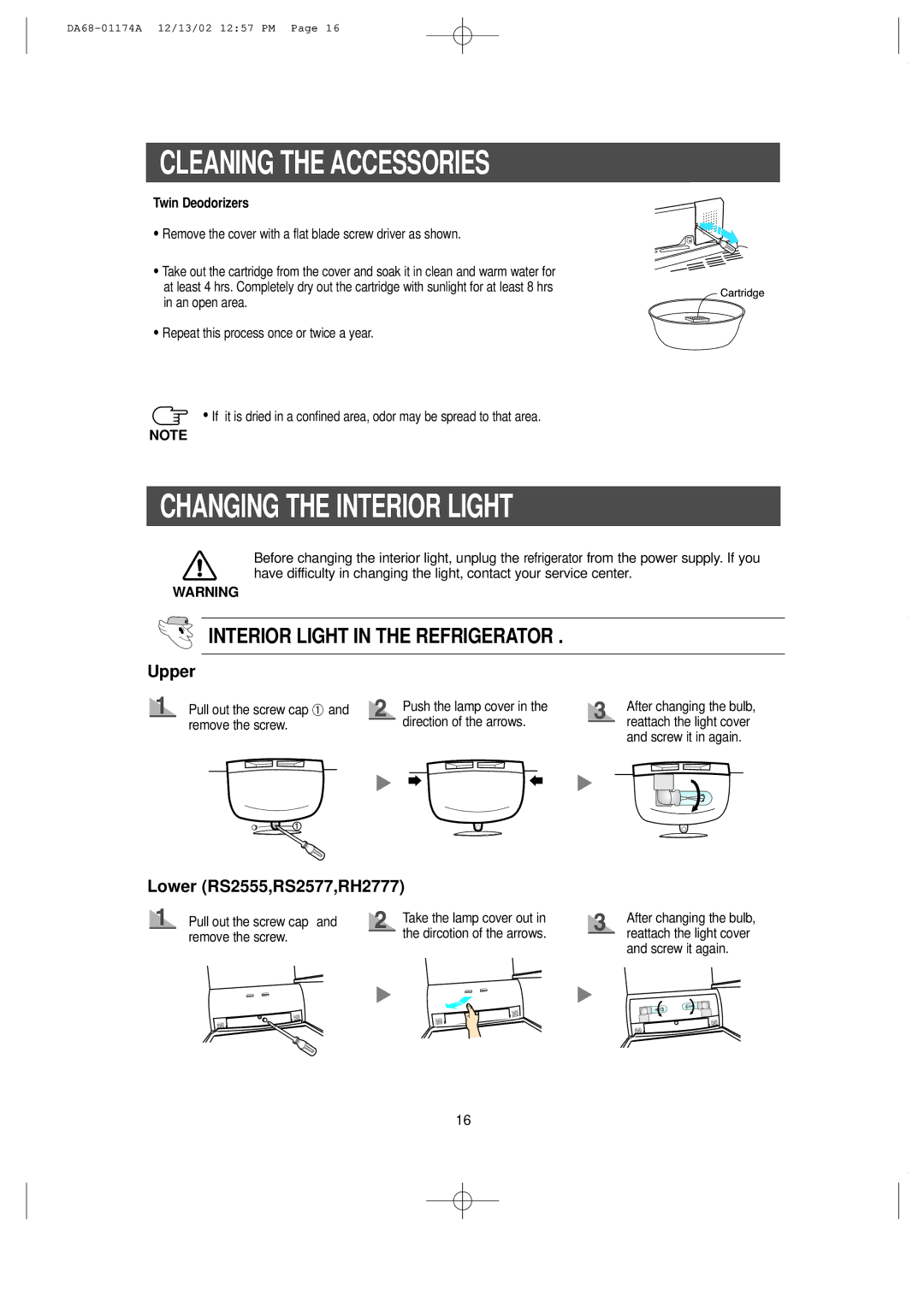 Samsung HP2777AT Changing the Interior Light, Interior Light in the Refrigerator, Upper, Lower RS2555,RS2577,RH2777 