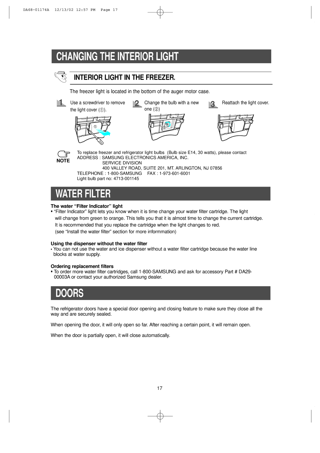 Samsung RH2777AT, HP2777AT installation instructions Water Filter, Doors, Interior Light in the Freezer 