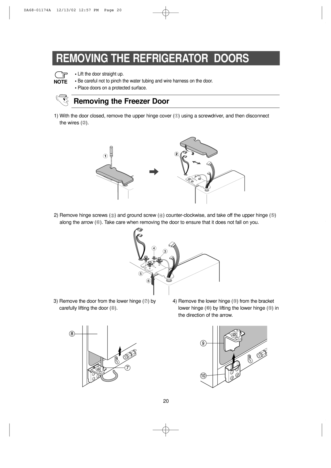 Samsung HP2777AT, RH2777AT Removing the Freezer Door, Lift the door straight up, Place doors on a protected surface 