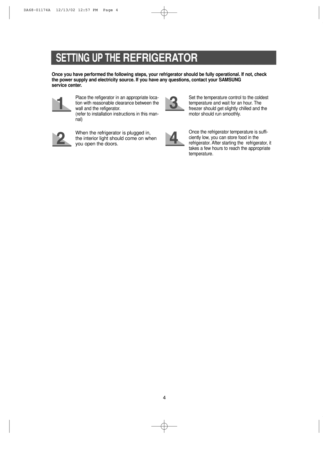 Samsung HP2777AT, RH2777AT installation instructions Setting UP the Refrigerator, Service center 