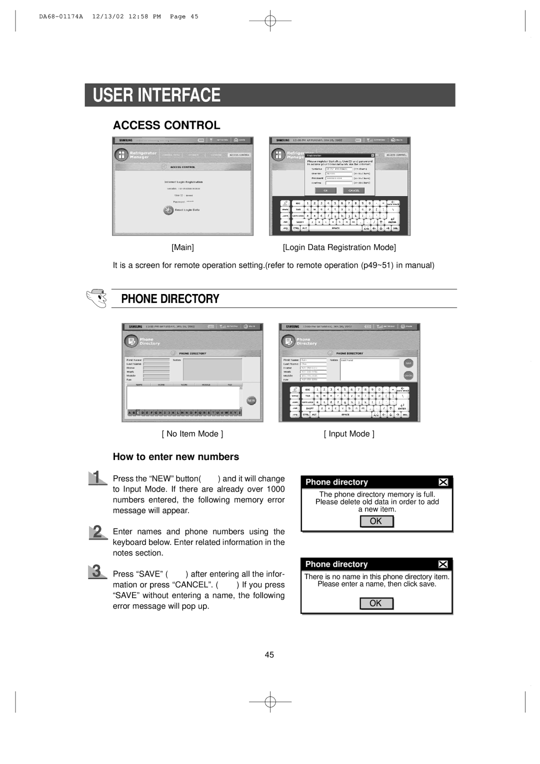 Samsung RH2777AT, HP2777AT installation instructions Phone Directory, How to enter new numbers, No Item Mode 