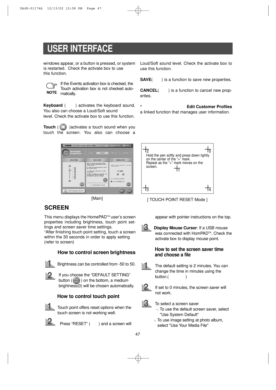 Samsung RH2777AT, HP2777AT How to control screen brightness, How to control touch point, Edit Customer Profiles 