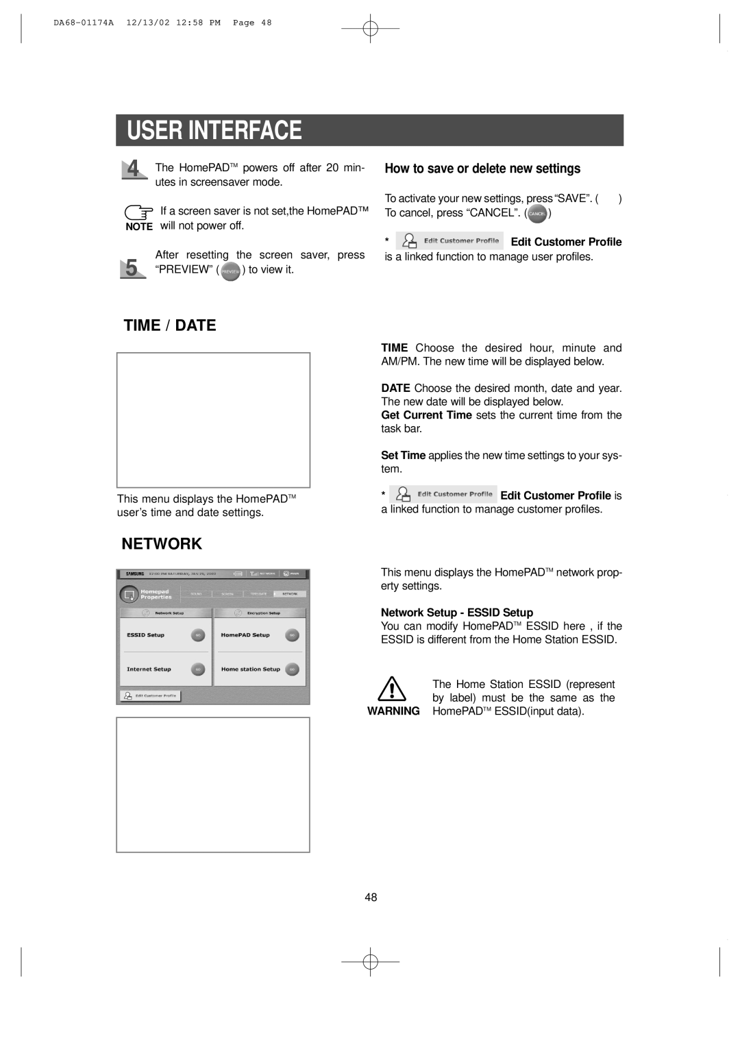 Samsung HP2777AT How to save or delete new settings, Edit Customer Profile, Is a linked function to manage user profiles 