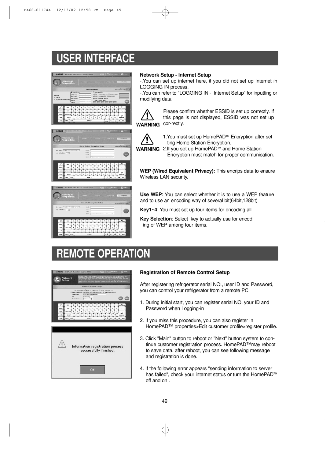 Samsung RH2777AT Remote Operation, Network Setup Internet Setup, WEP Wired Equivalent Privacy This encrips data to ensure 