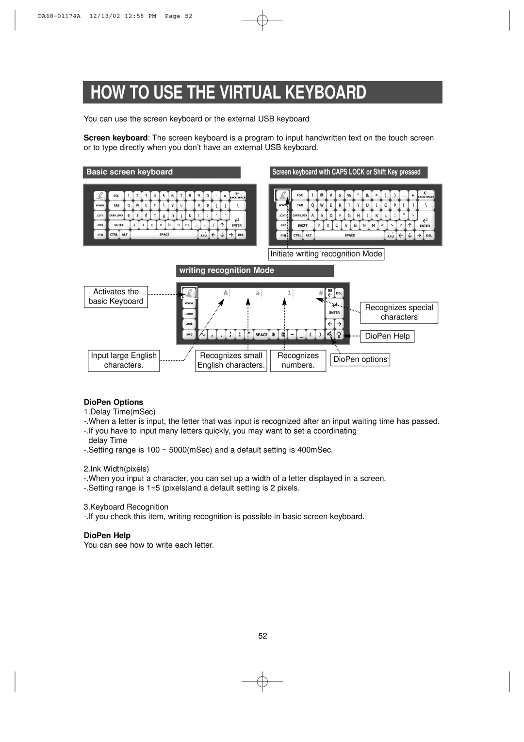 Samsung HP2777AT, RH2777AT HOW to USE the Virtual Keyboard, DioPen Options 1.Delay TimemSec, DioPen Help 