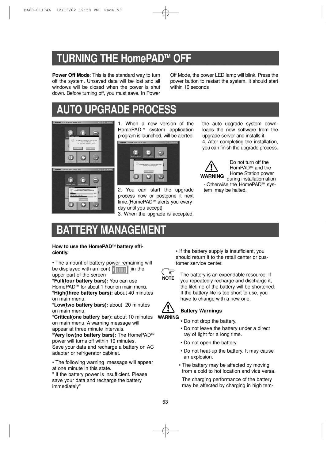 Samsung RH2777AT, HP2777AT Battery Management, How to use the HomePADTM battery effi- ciently, Battery Warnings 