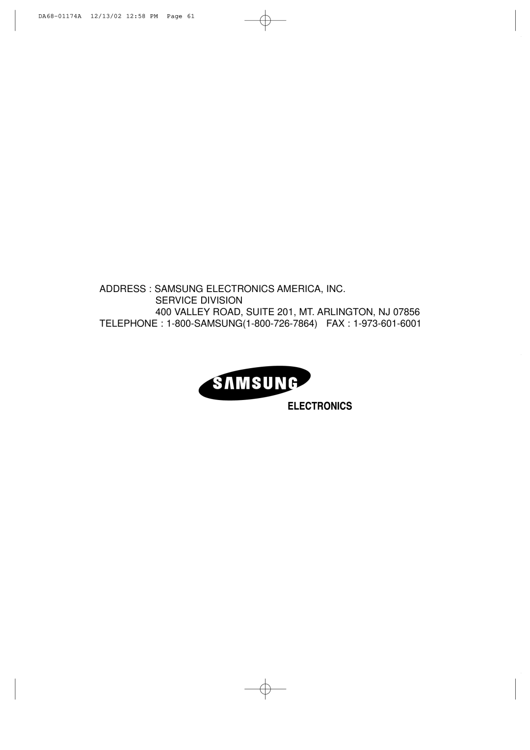 Samsung RH2777AT, HP2777AT installation instructions Address Samsung Electronics AMERICA, INC. Service Division 