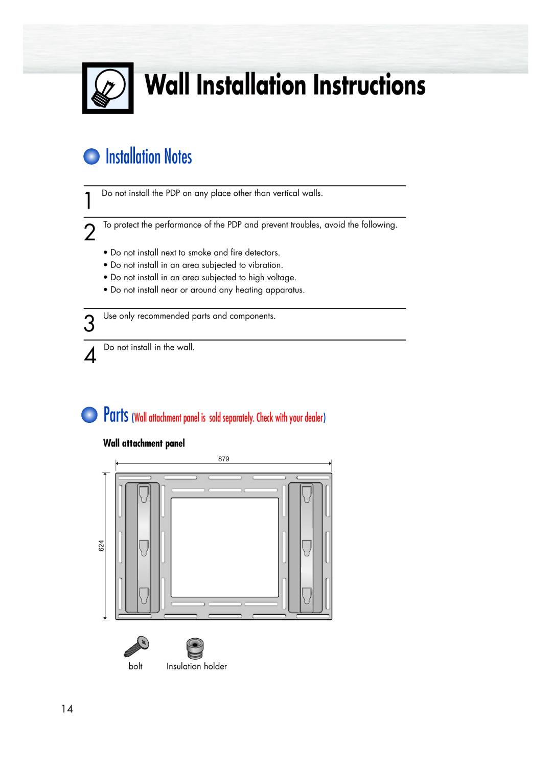 Samsung HPL5025 manual Installation Notes, Wall attachment panel 