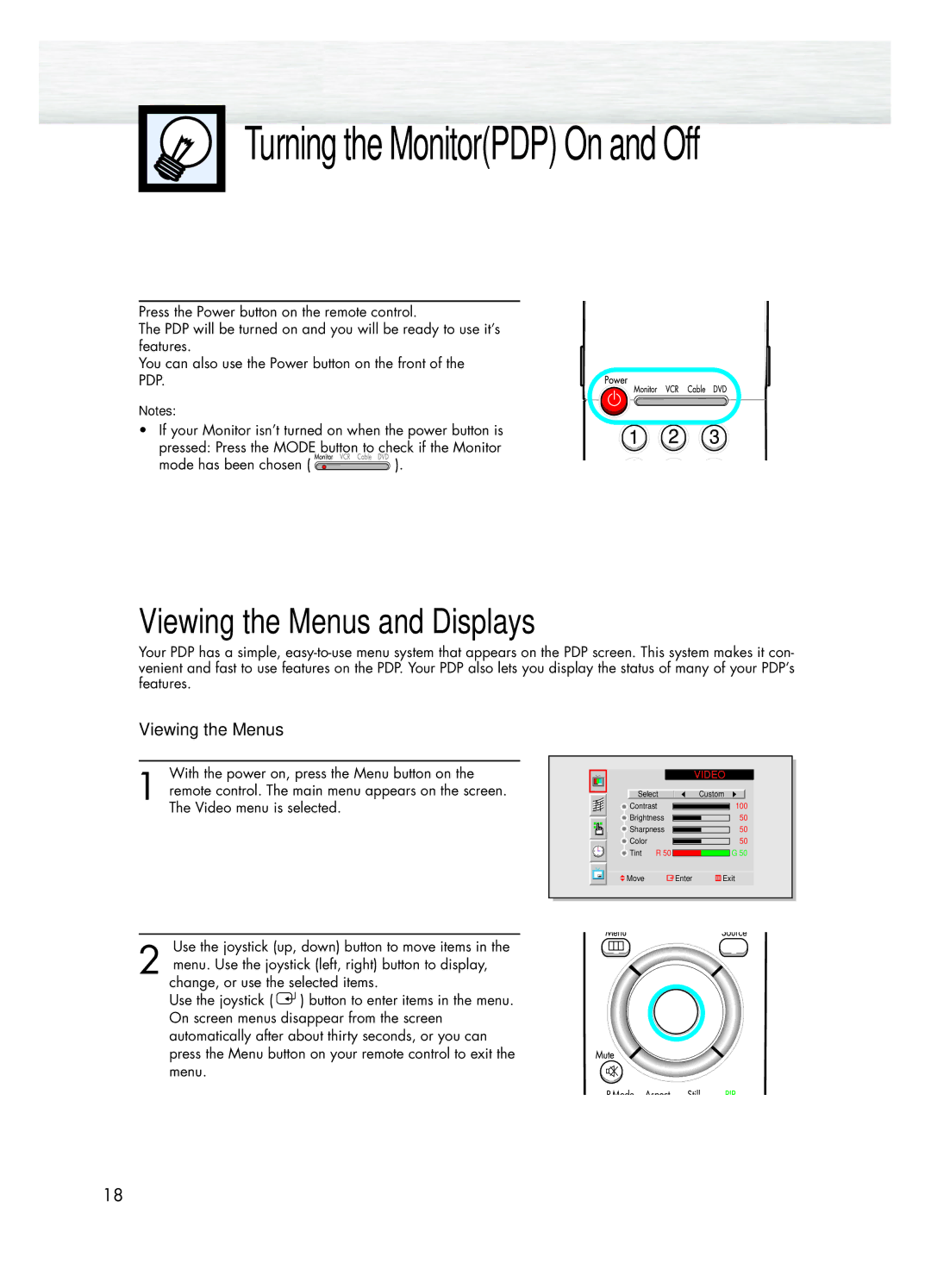 Samsung HPL5025 manual Turning the MonitorPDP On and Off, Viewing the Menus and Displays 