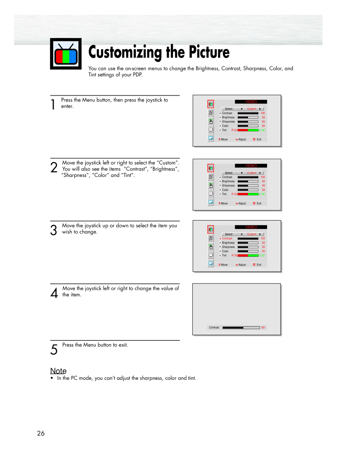 Samsung HPL5025 manual Customizing the Picture 