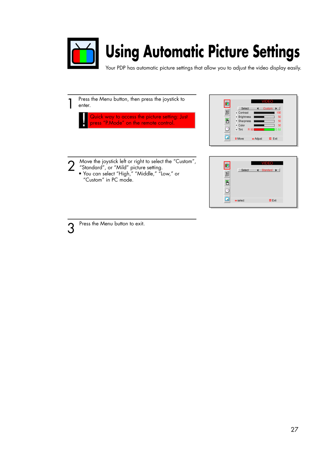 Samsung HPL5025 manual Using Automatic Picture Settings 