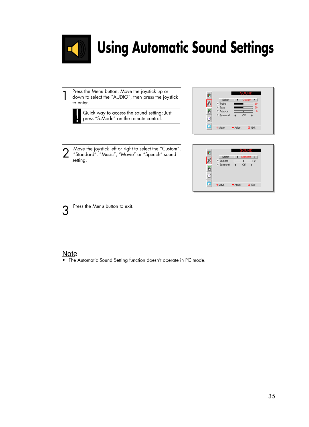 Samsung HPL5025 manual Using Automatic Sound Settings 