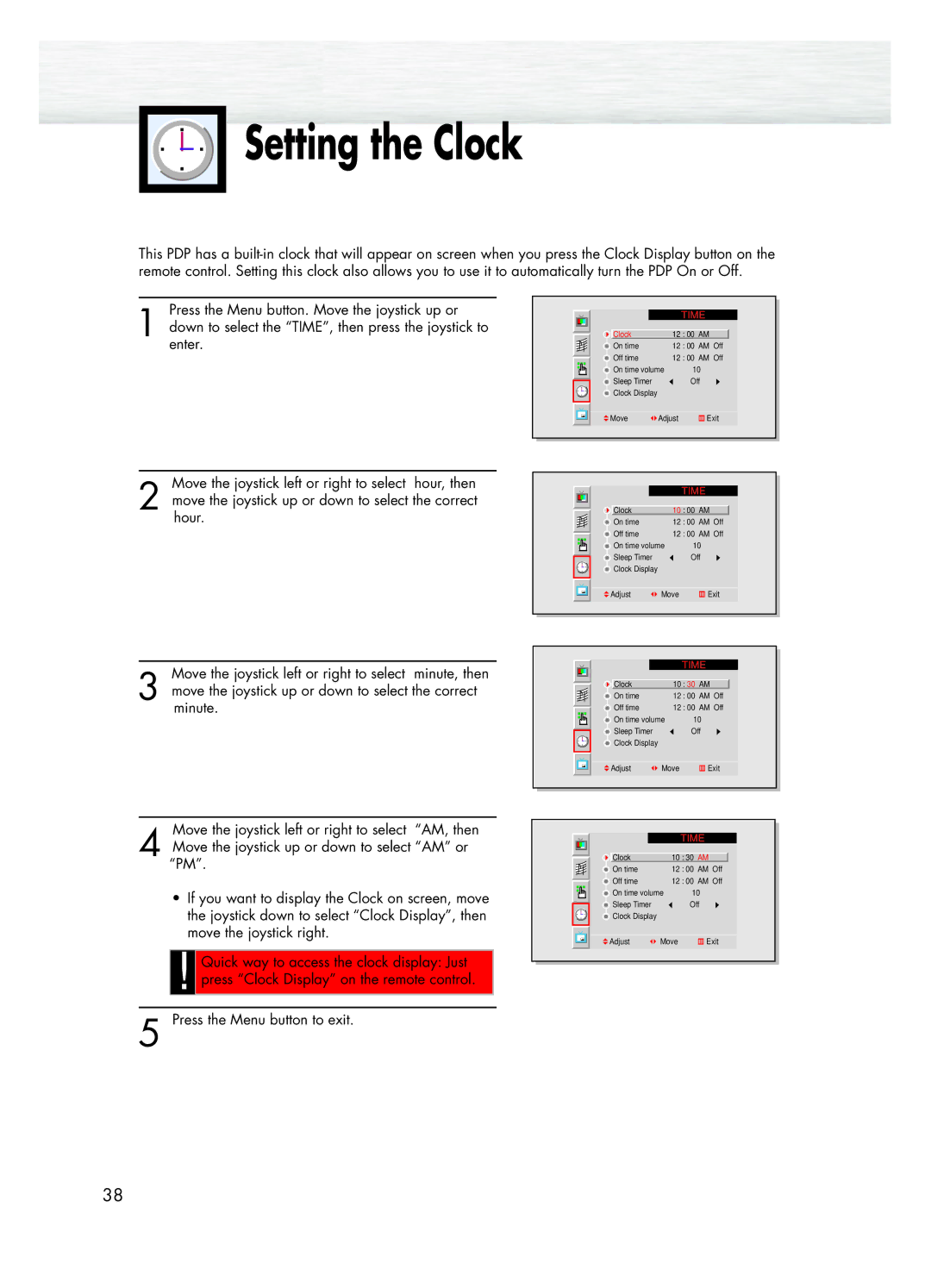 Samsung HPL5025 manual Setting the Clock 