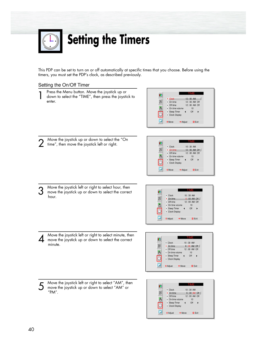 Samsung HPL5025 manual Setting the Timers, Setting the On/Off Timer 