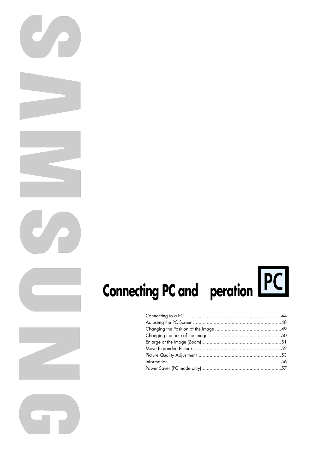 Samsung HPL5025 manual Connecting PC and Operation 