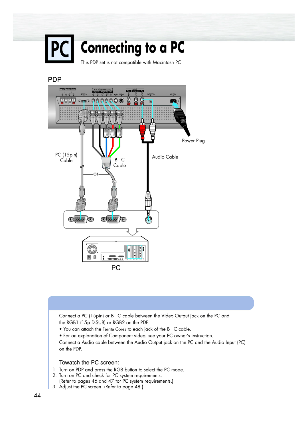 Samsung HPL5025 manual Connecting to a PC, To watch the PC screen 