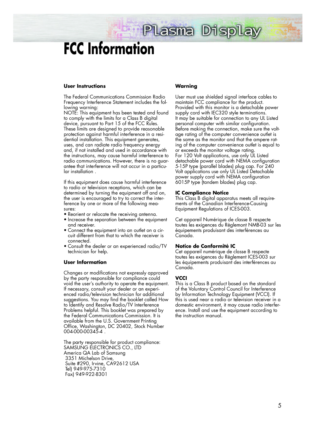 Samsung HPL5025 manual FCC Information, User Instructions 