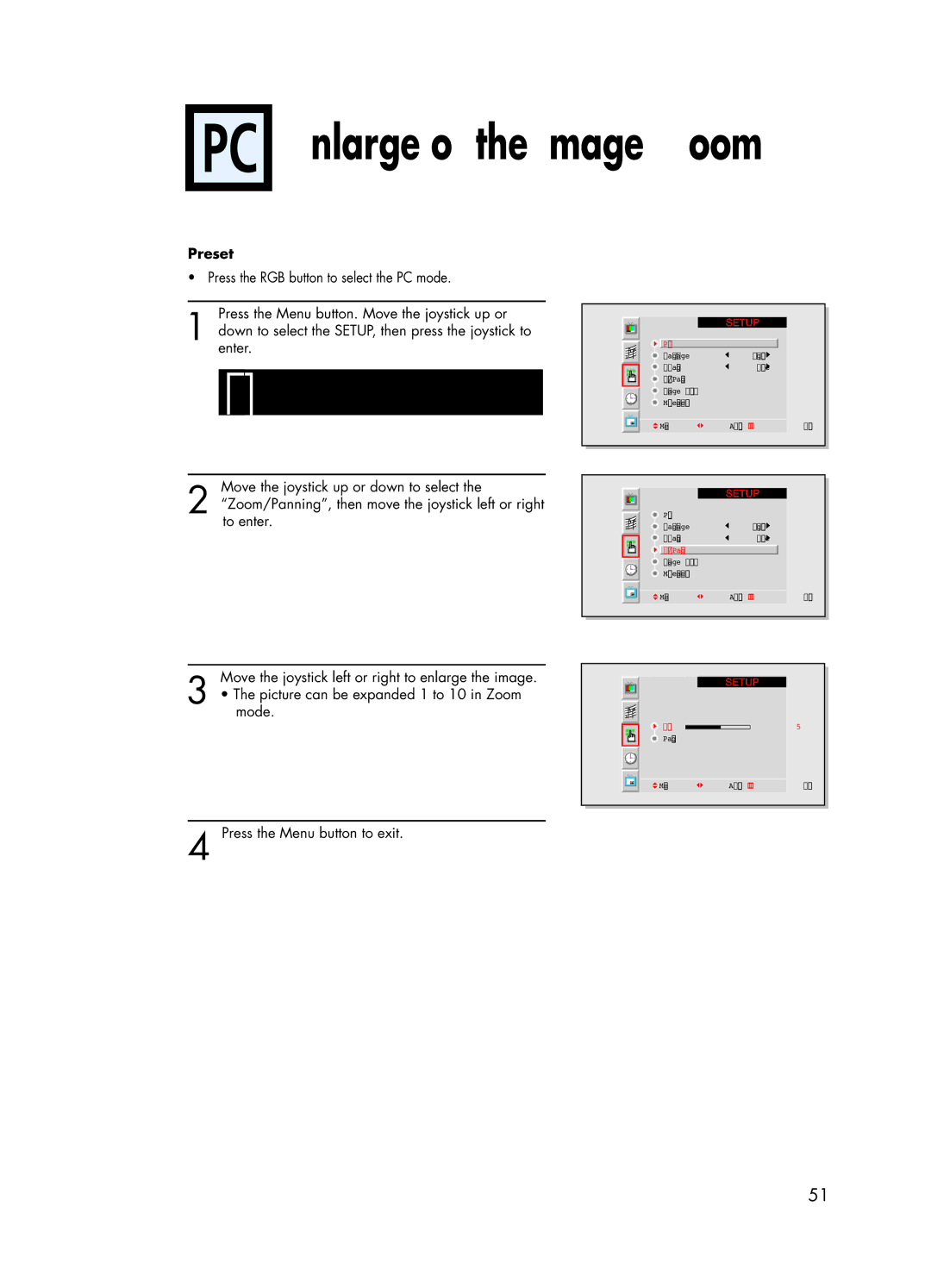 Samsung HPL5025 manual Enlarge of the Image Zoom 