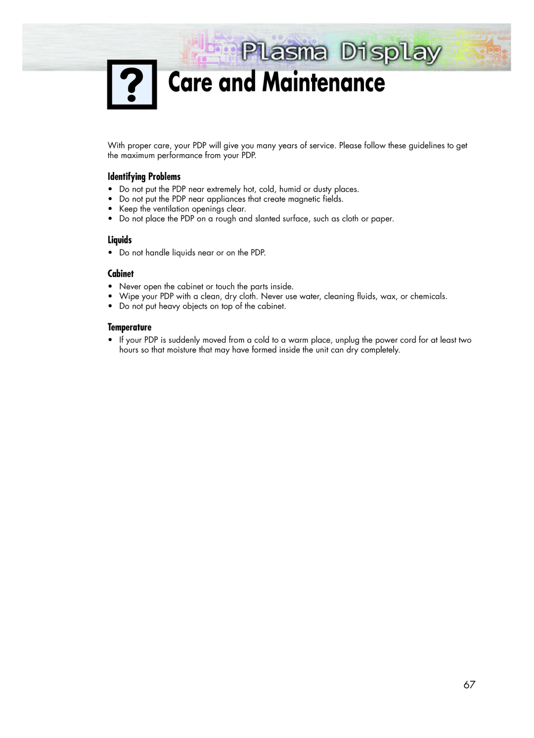 Samsung HPL5025 manual Care and Maintenance, Identifying Problems, Liquids, Cabinet, Temperature 