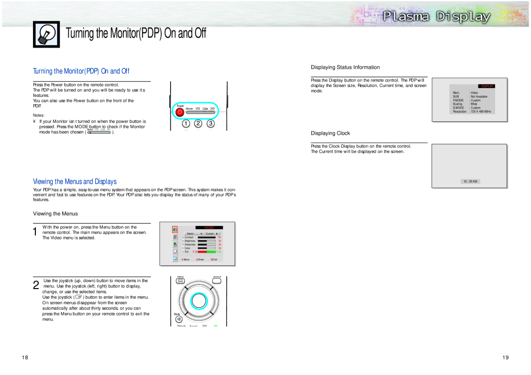 Samsung HPL5025 manual Turning the MonitorPDP On and Off, Viewing the Menus and Displays, Displaying Status Information 