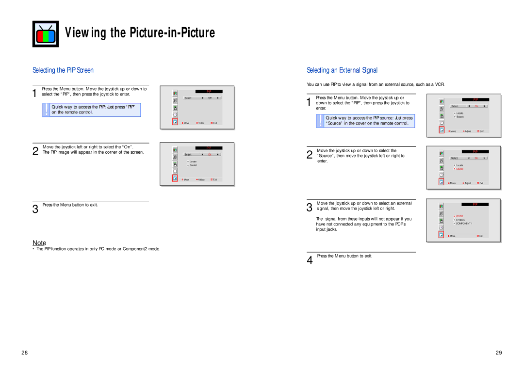 Samsung HPL5025 manual Viewing the Picture-in-Picture, Selecting the PIP Screen, Selecting an External Signal 