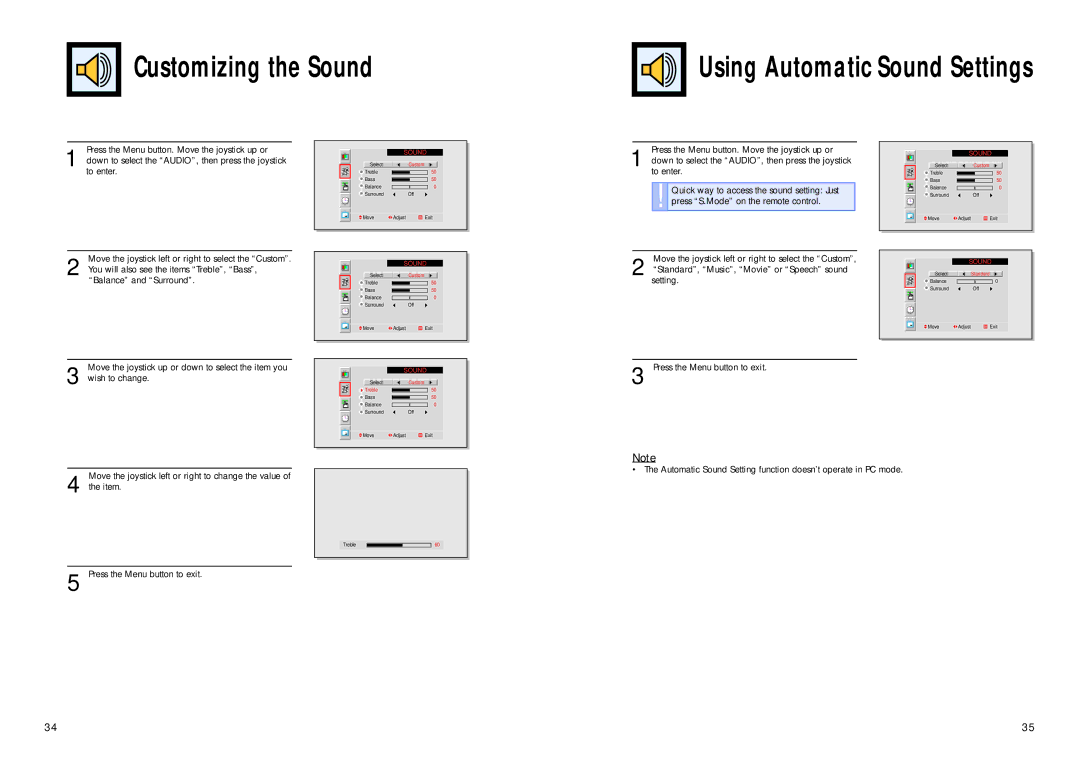 Samsung HPL5025 manual Customizing the Sound Using Automatic Sound Settings 