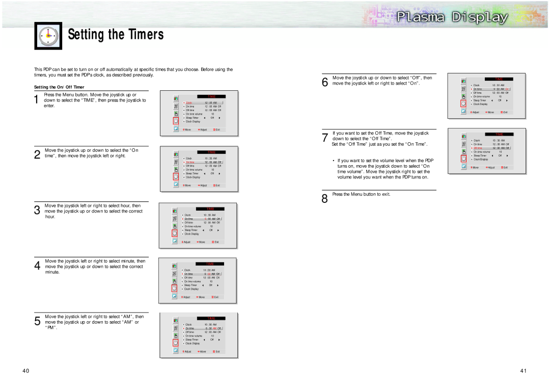 Samsung HPL5025 manual Setting the Timers, Setting the On/Off Timer 