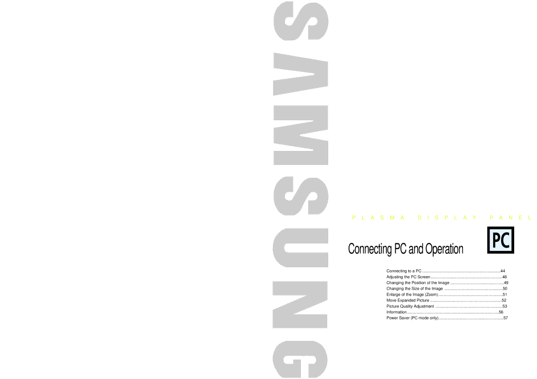 Samsung HPL5025 manual Connecting PC and Operation 